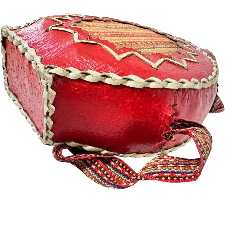 Vintage Red Leather Wrapped Glass Canteen Woven Strap Southwestern Folk Art Boho